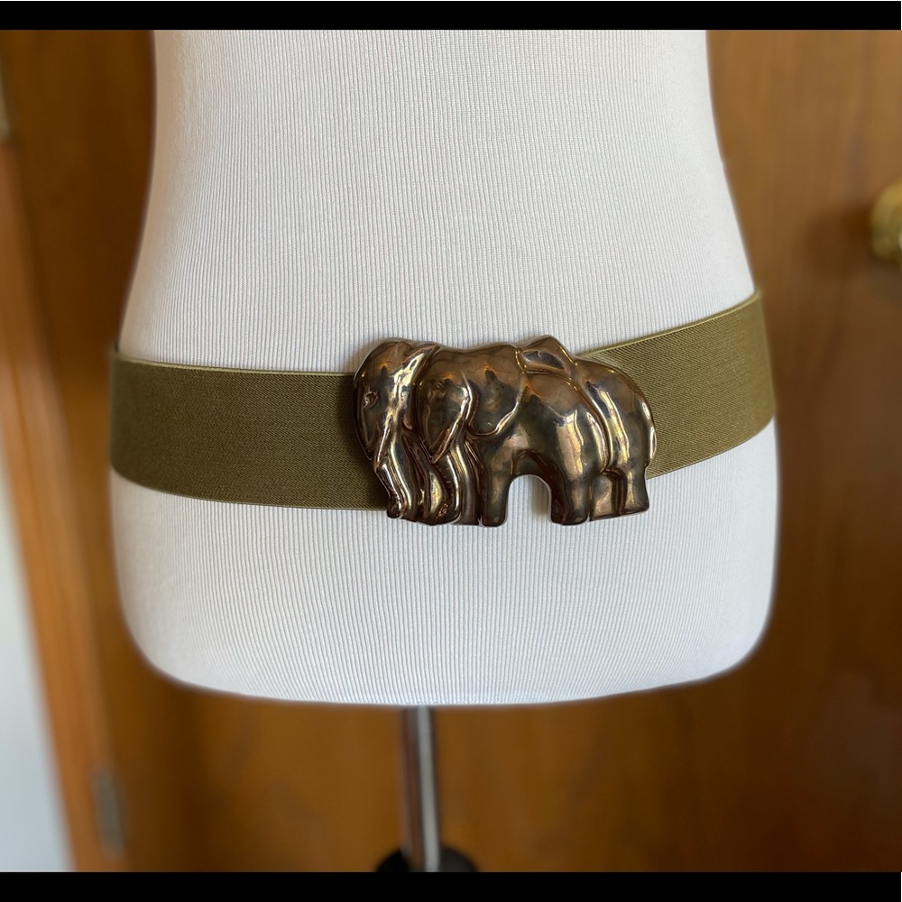 Vintage Wide Stretch Belt W/ Ceramic Bronze Painted Elephant Buckle 34”